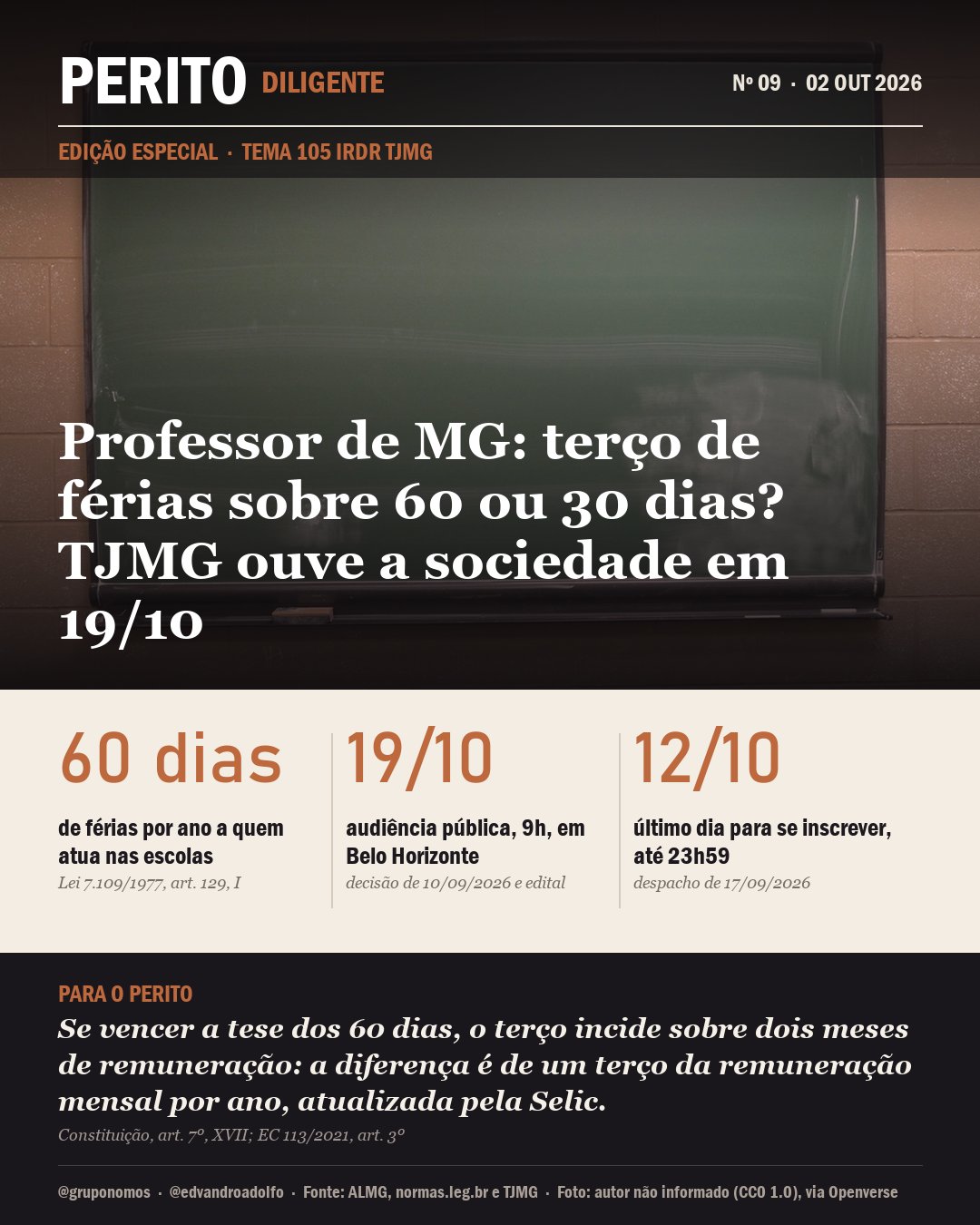 Capa da matéria: Professor de MG: terço de férias sobre 60 ou 30 dias? TJMG ouve a sociedade em 19/10