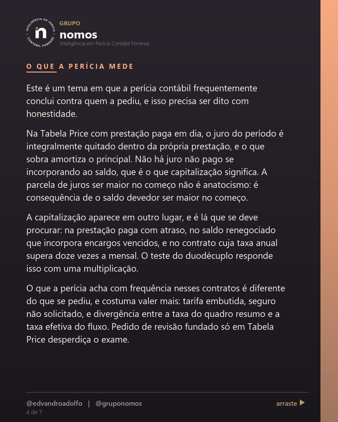 Cartão 4 de 7 do carrossel: Tabela Price é juros sobre juros, então é ilegal.
