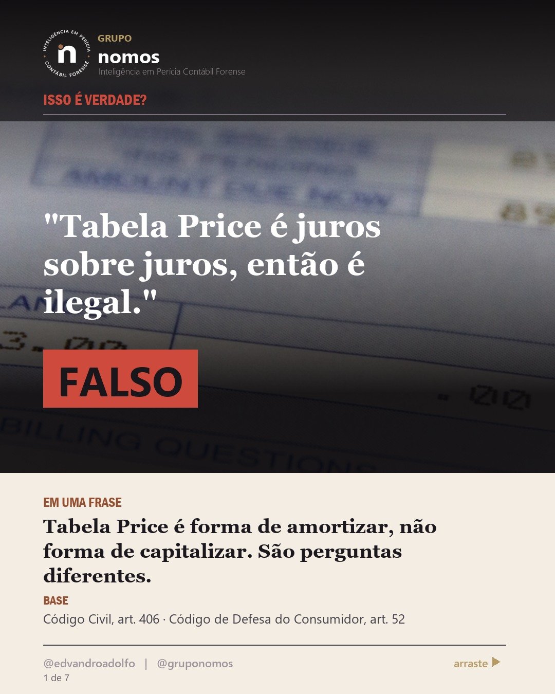 Cartão 1 de 7 do carrossel: Tabela Price é juros sobre juros, então é ilegal.