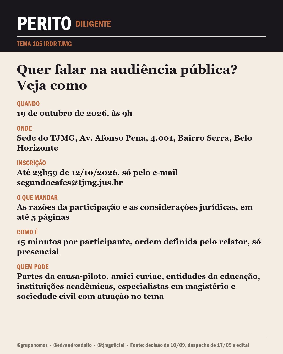 Cartão da audiência pública: 19 de outubro de 2026, às 9h, sede do TJMG; inscrição até 23h59 de 12/10/2026 pelo e-mail segundocafes@tjmg.jus.br; até 5 páginas; 15 minutos; só presencial